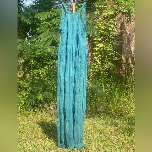 NEW Lily Rain Lace Boho Maxi Dress Romper Teal Tank Sz XS/S - Picture 2 of 8